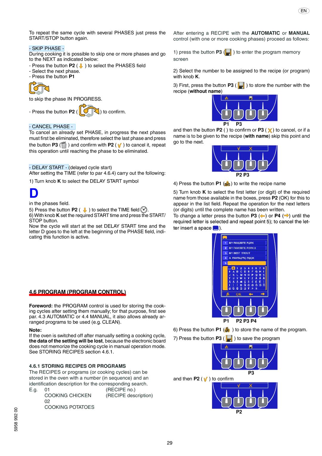 Electrolux AOW101E manual Program Program Control, Storing Recipes or Programs, P1 P3, P1 P2 P3 P4 