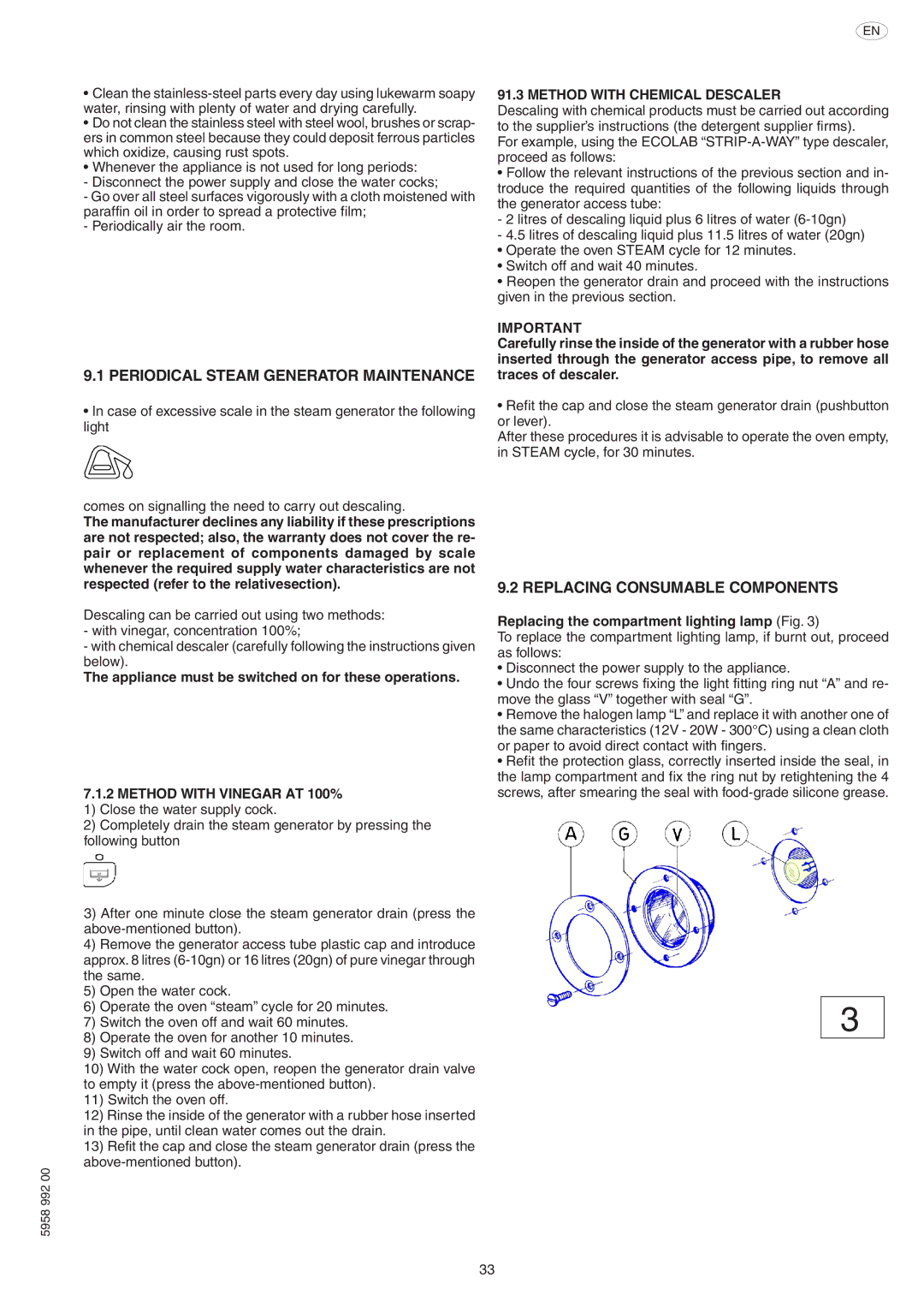 Electrolux AOW101E Periodical Steam Generator Maintenance, Replacing Consumable Components, Method with Chemical Descaler 