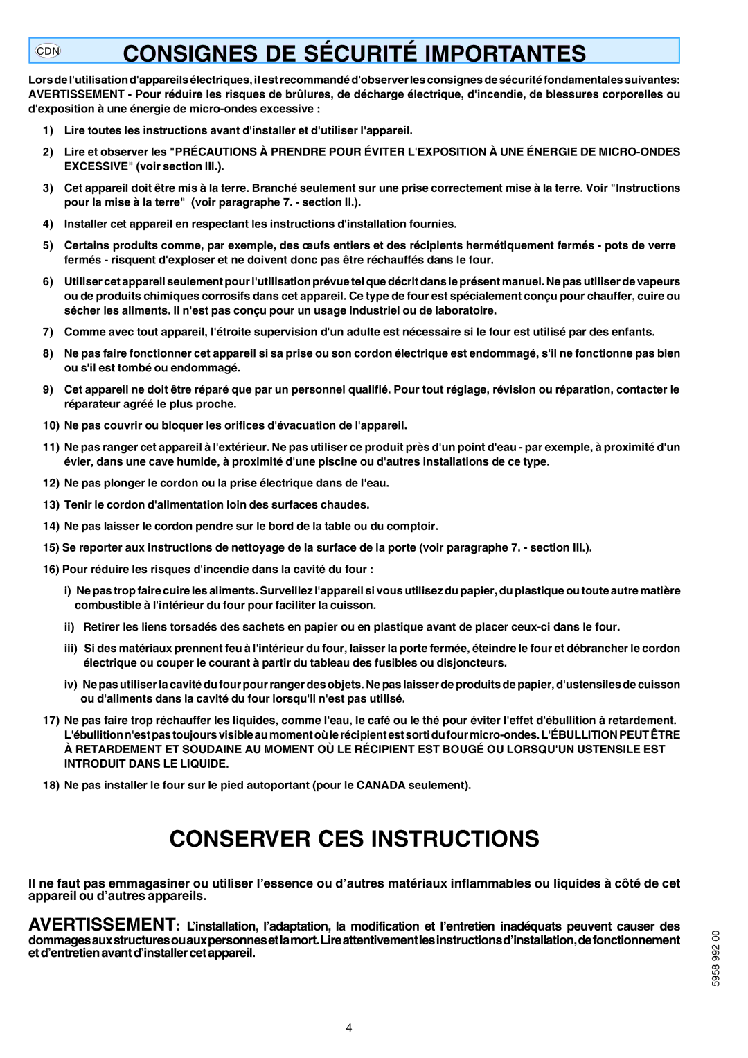 Electrolux AOW101E manual Conserver CES Instructions, Consignes DE Sécurité Importantes 