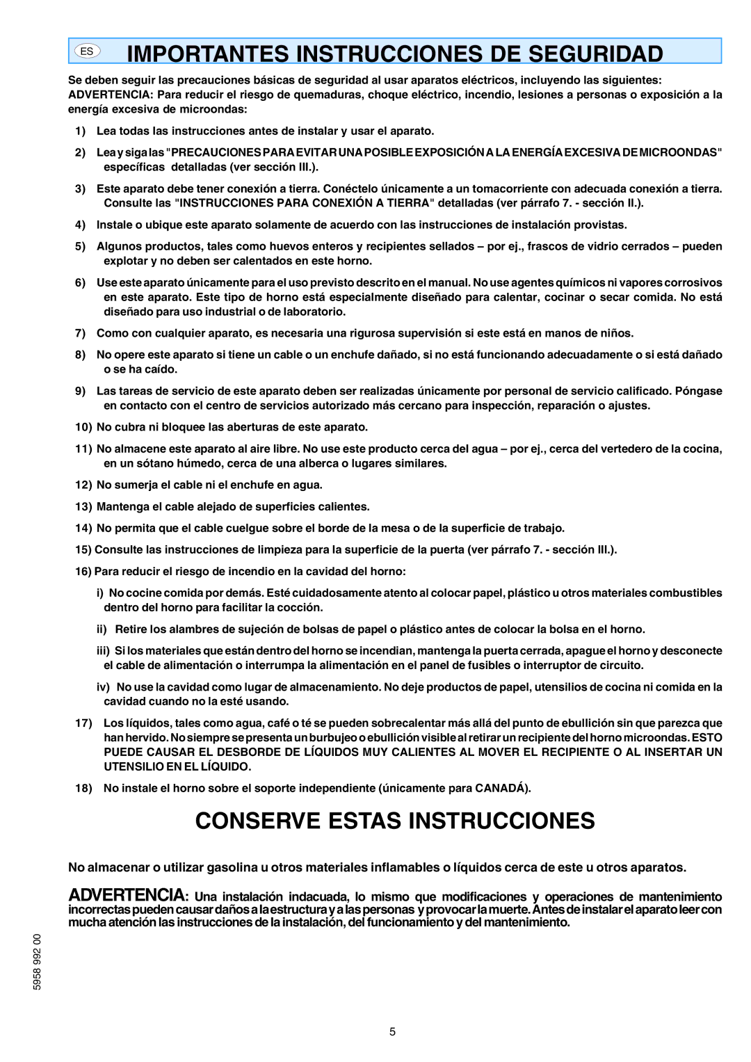 Electrolux AOW101E manual Conserve Estas Instrucciones, Importantes Instrucciones DE Seguridad 