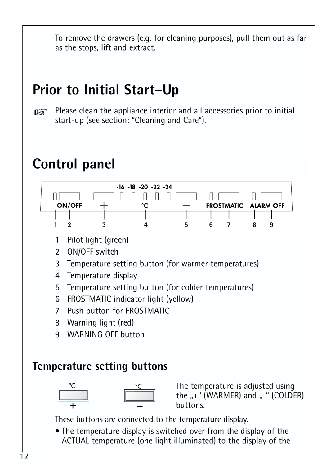 Electrolux ARCTIS 70110 manual Prior to Initial Start-Up, Control panel, Temperature setting buttons 