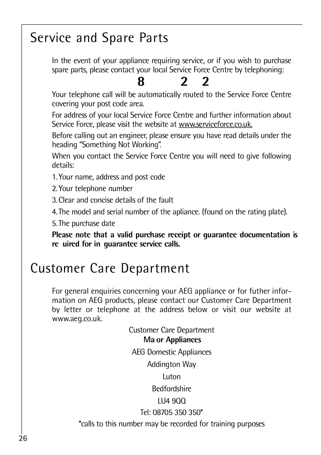 Electrolux ARCTIS 70110 manual Service and Spare Parts, 0870 5, Customer Care Department, Major Appliances 