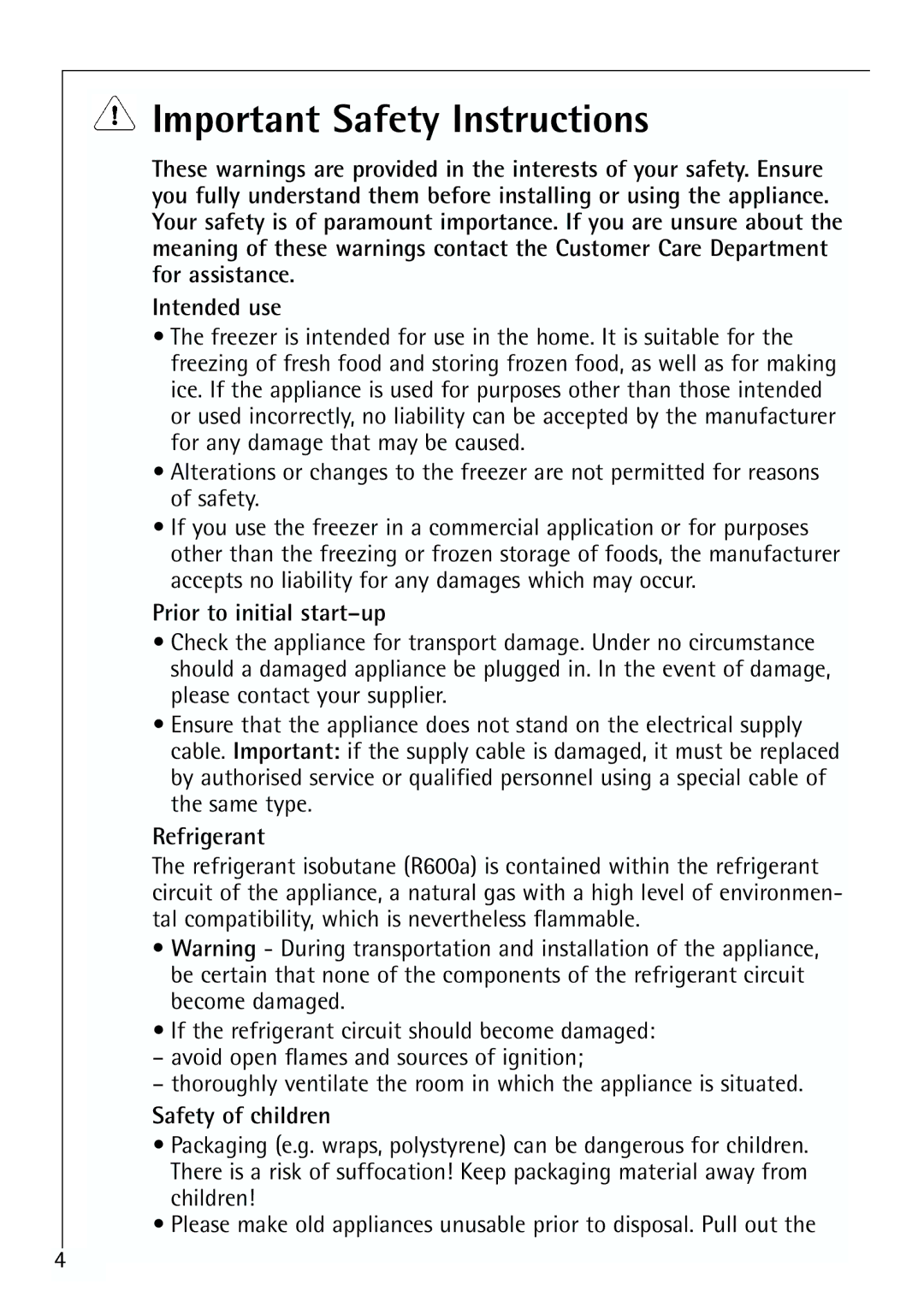 Electrolux ARCTIS 70110 manual Important Safety Instructions, Prior to initial start-up, Refrigerant, Safety of children 