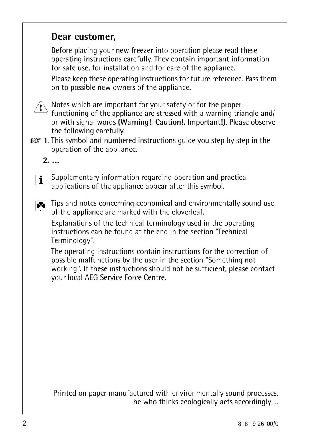 Electrolux ARCTIS operating instructions Dear customer 