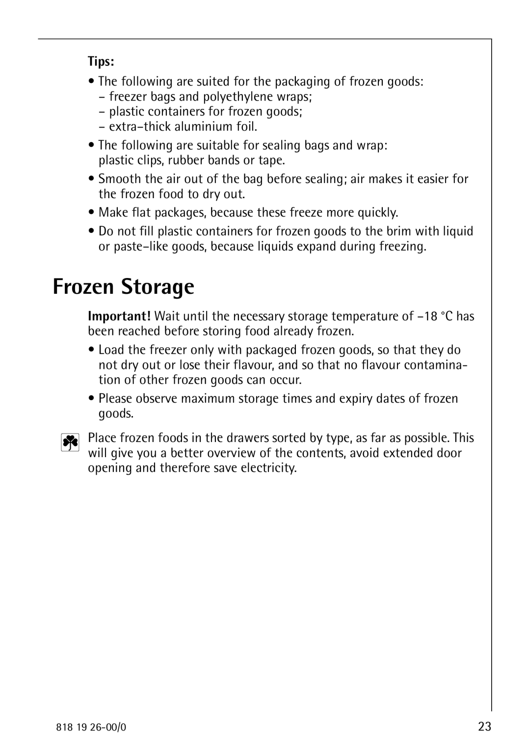 Electrolux ARCTIS operating instructions Frozen Storage, Tips 