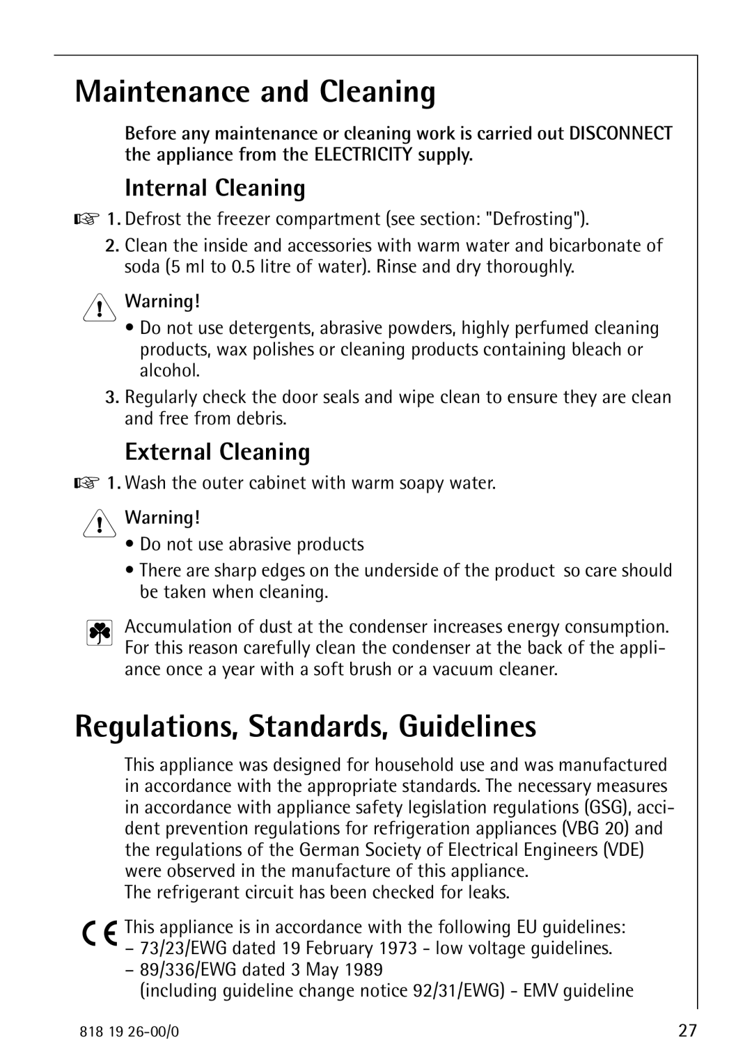 Electrolux ARCTIS Maintenance and Cleaning, Regulations, Standards, Guidelines, Internal Cleaning, External Cleaning 