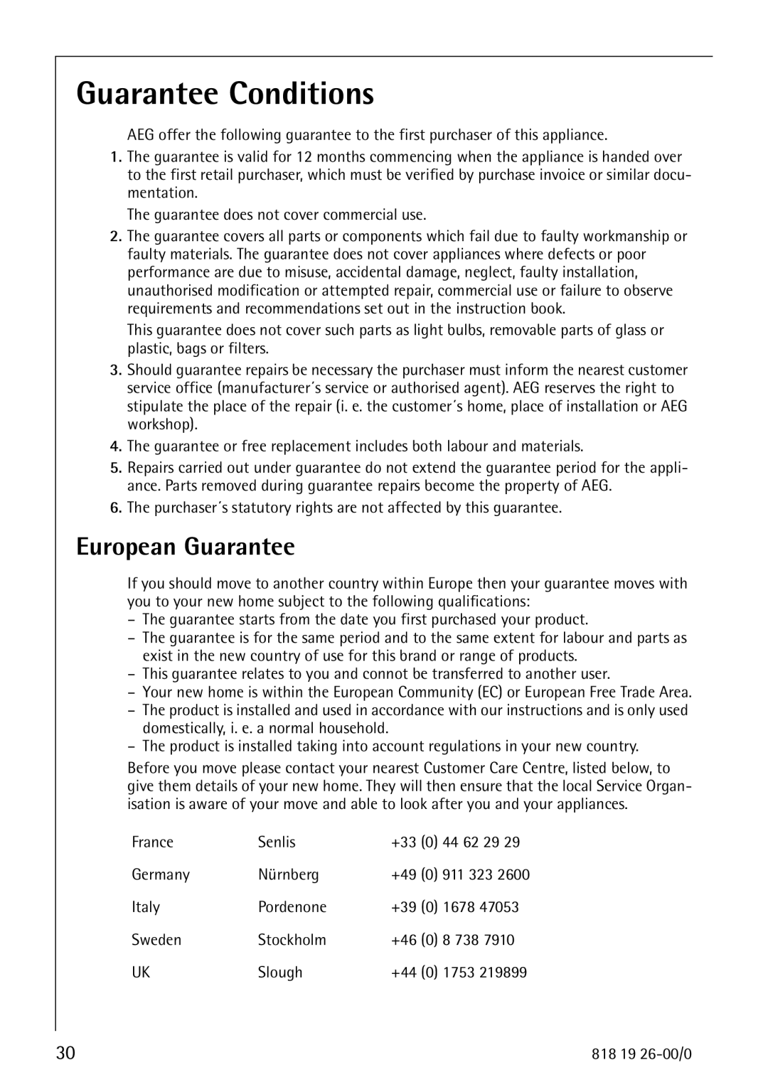 Electrolux ARCTIS operating instructions Guarantee Conditions, European Guarantee 