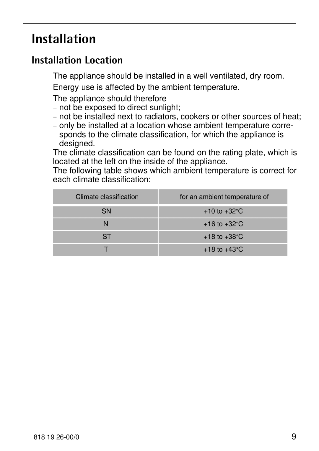 Electrolux ARCTIS operating instructions Installation Location 