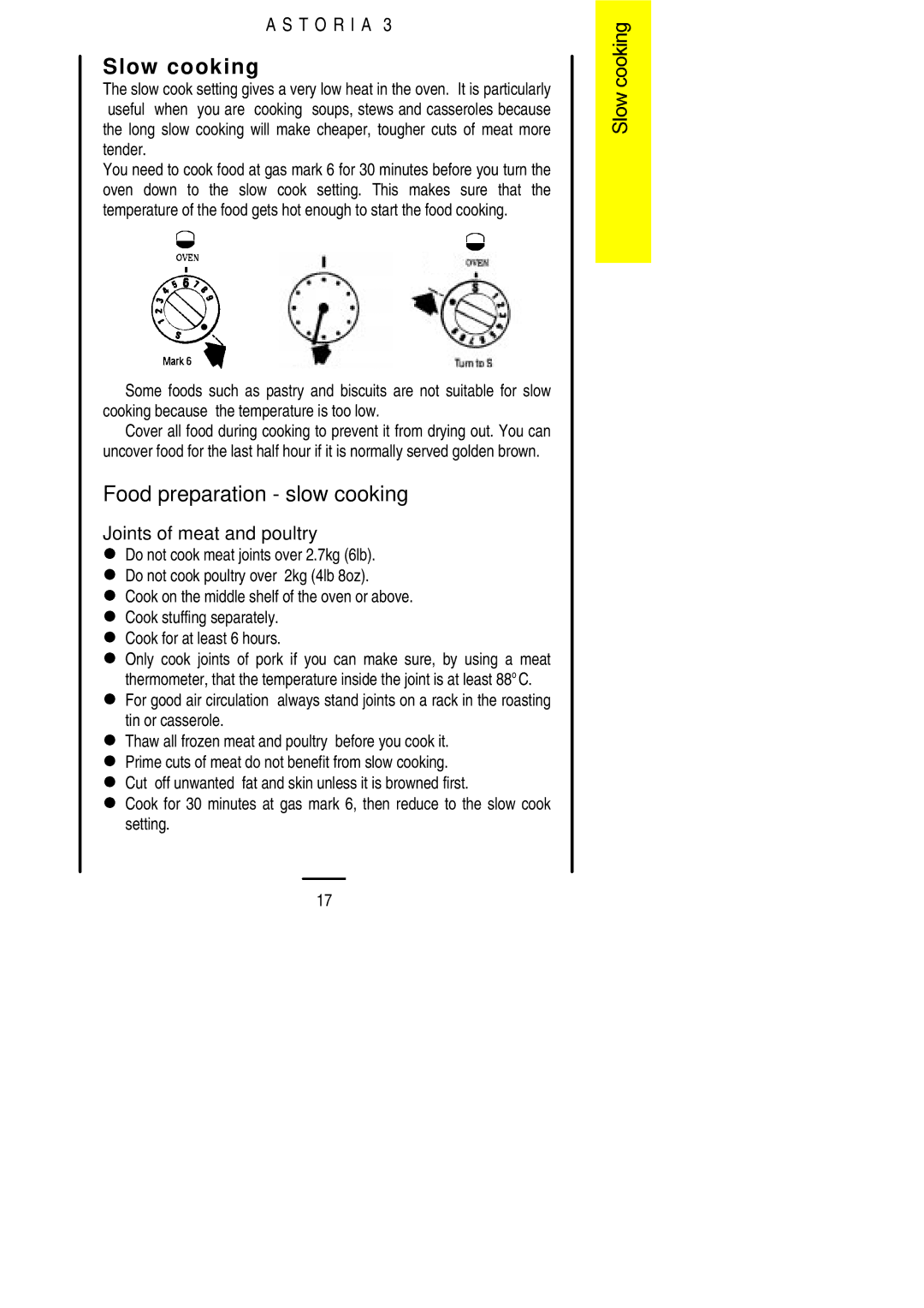 Electrolux ASTORIA3 installation instructions Slow cooking, Food preparation slow cooking, Joints of meat and poultry 