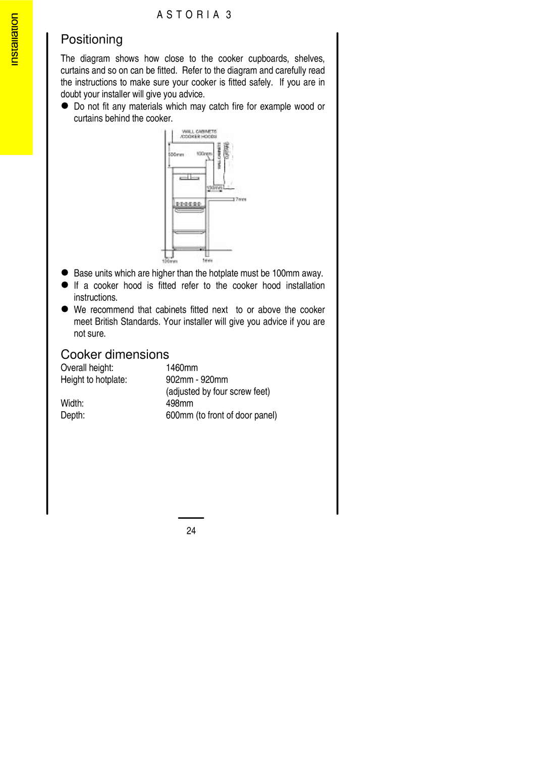 Electrolux ASTORIA3 Positioning, Cooker dimensions, Overall height 1460mm Height to hotplate 902mm 920mm 