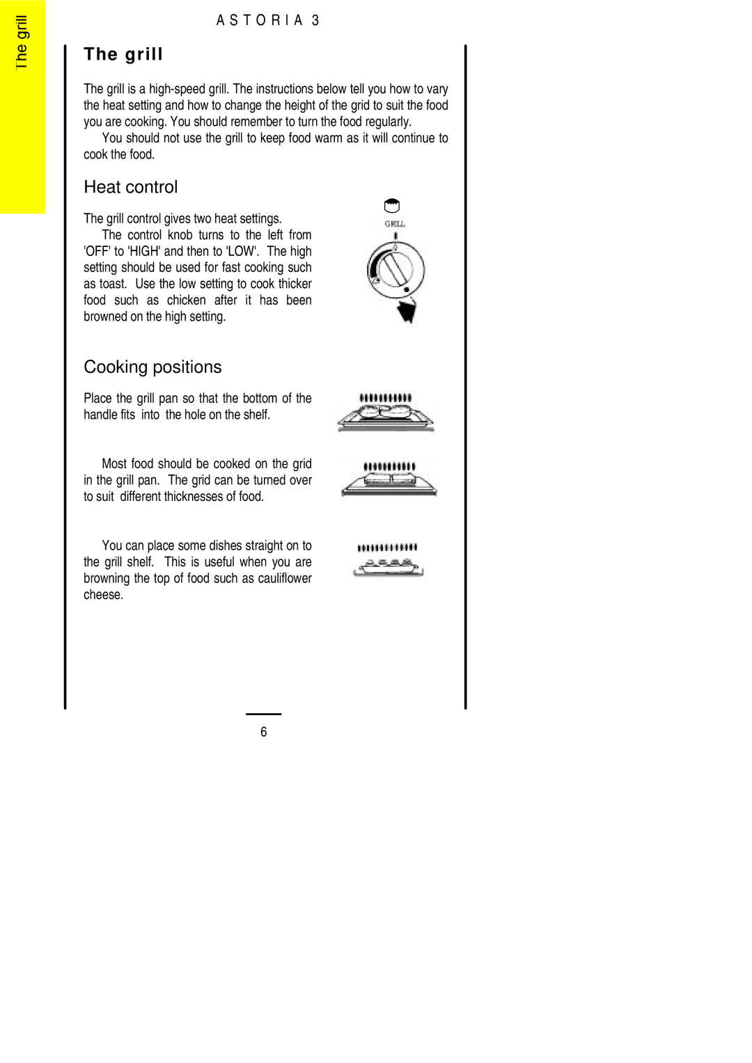 Electrolux ASTORIA3 installation instructions Heat control, Cooking positions, Grill control gives two heat settings 