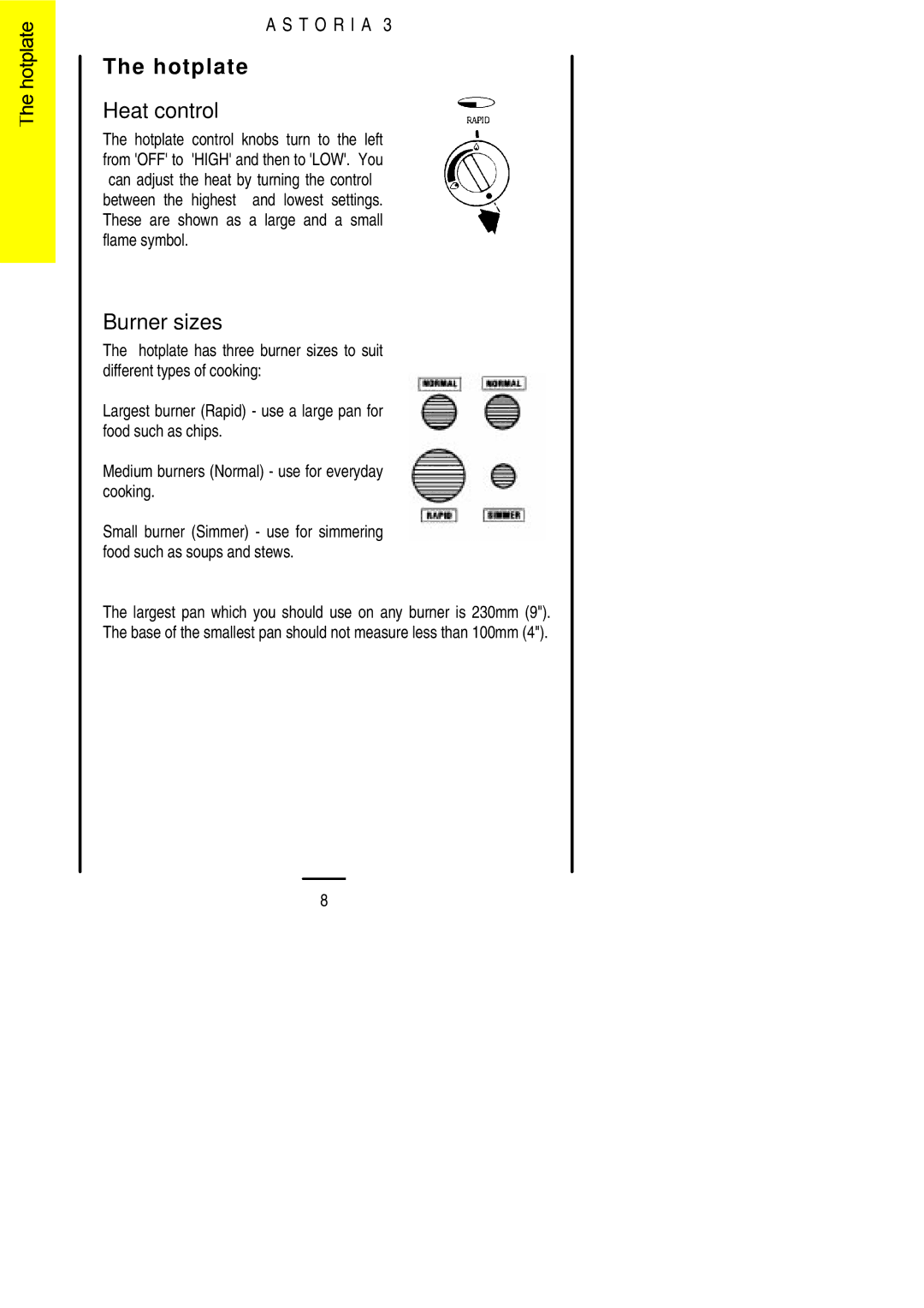 Electrolux ASTORIA3 installation instructions Hotplate, Burner sizes 