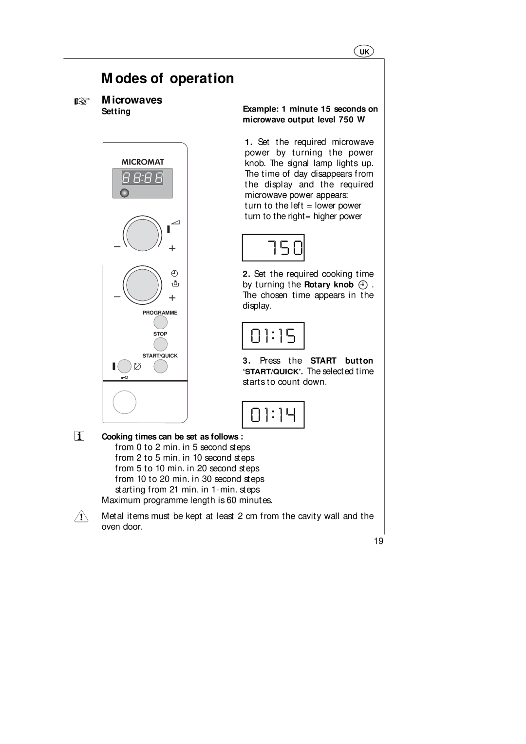 Electrolux AT 143 E, AT 143 U Modes of operation, Setting, Example 1 minute 15 seconds on microwave output level 750 W 