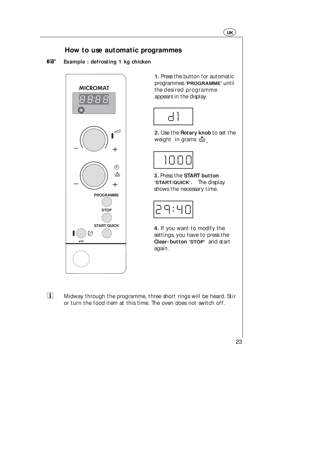 Electrolux AT 143 E, AT 143 U How to use automatic programmes, Example defrosting 1 kg chicken, Press the Start button 