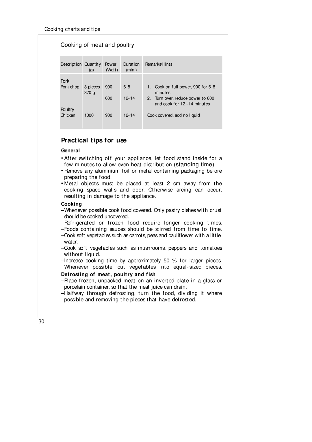 Electrolux AT 143 U Practical tips for use, Cooking of meat and poultry, General, Defrosting of meat, poultry and fish 