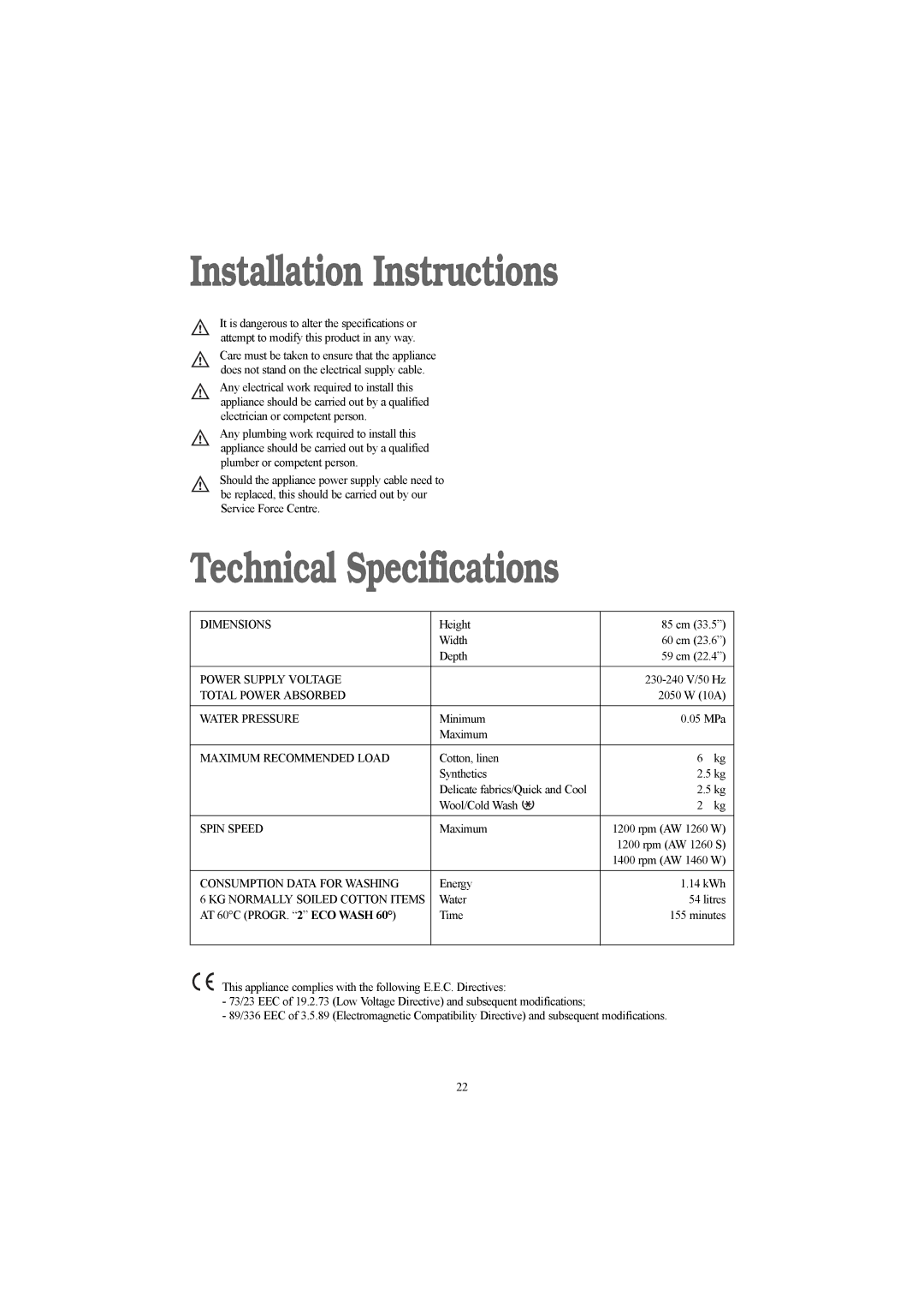 Electrolux AW 1460 W, AW 1260 W, AW 1260 S installation instructions Installation Instructions, Technical Specifications 