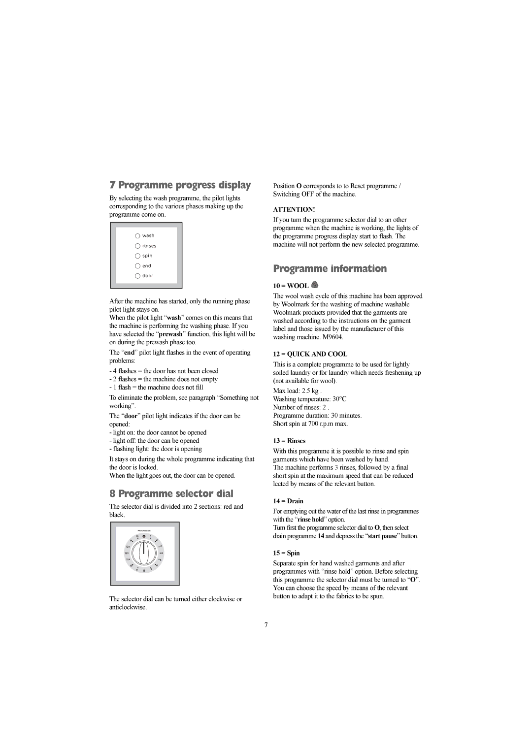 Electrolux AW 1460 W, AW 1260 W, AW 1260 S Programme progress display, Programme selector dial, Programme information 