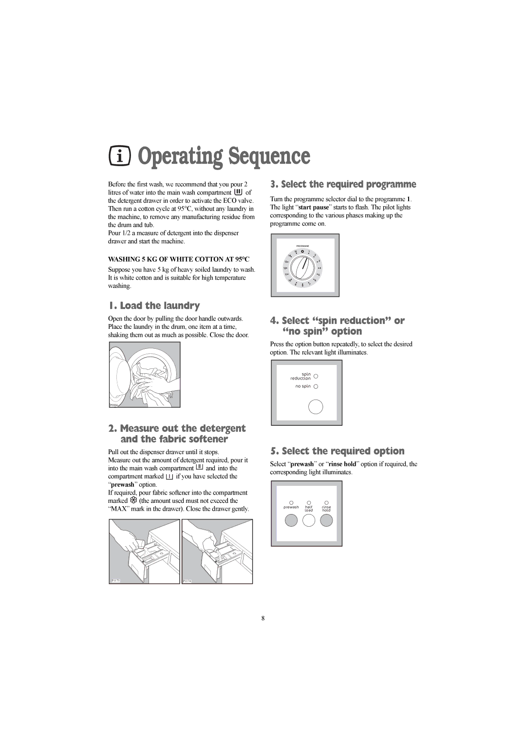 Electrolux AW 1260 S Operating Sequence, Select the required programme, Load the laundry, Select the required option 