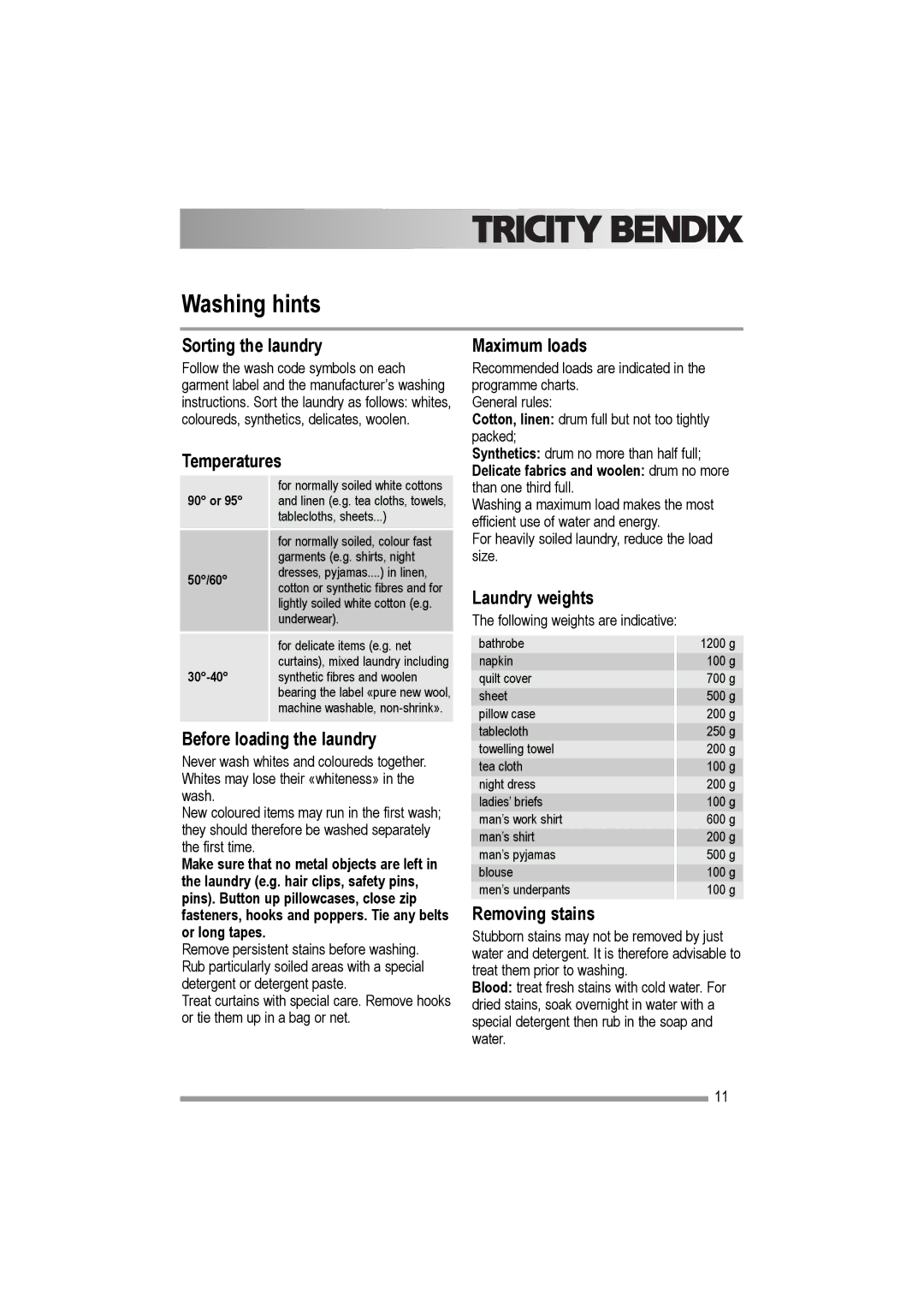 Electrolux AW 1202 W, AW 1402 W user manual Washing hints 