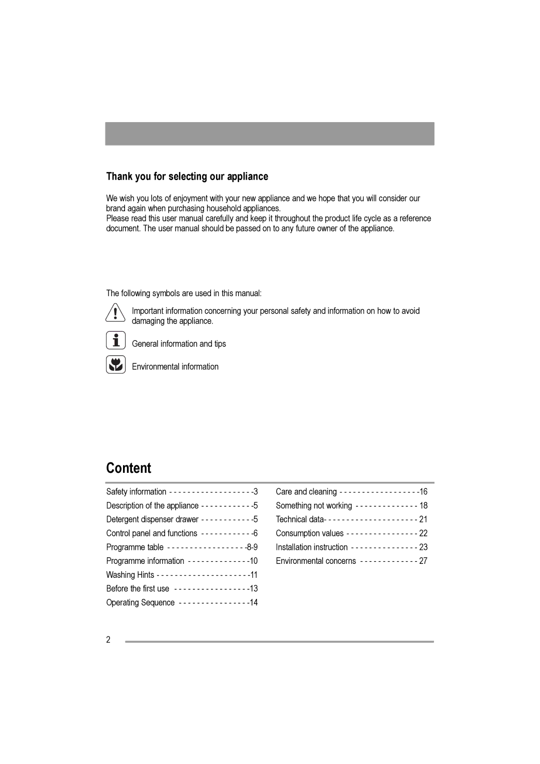 Electrolux AW 1402 W, AW 1202 W user manual Content, Thank you for selecting our appliance 