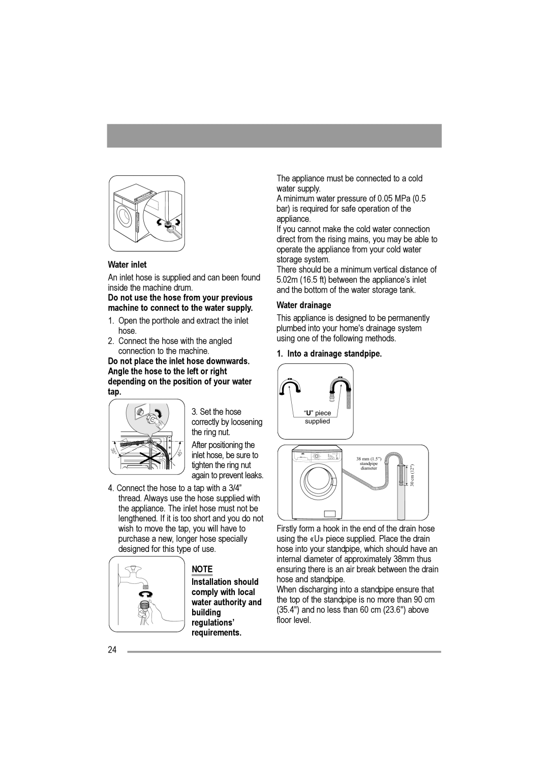 Electrolux AW 1402 W, AW 1202 W user manual Water inlet, Water drainage, Into a drainage standpipe 