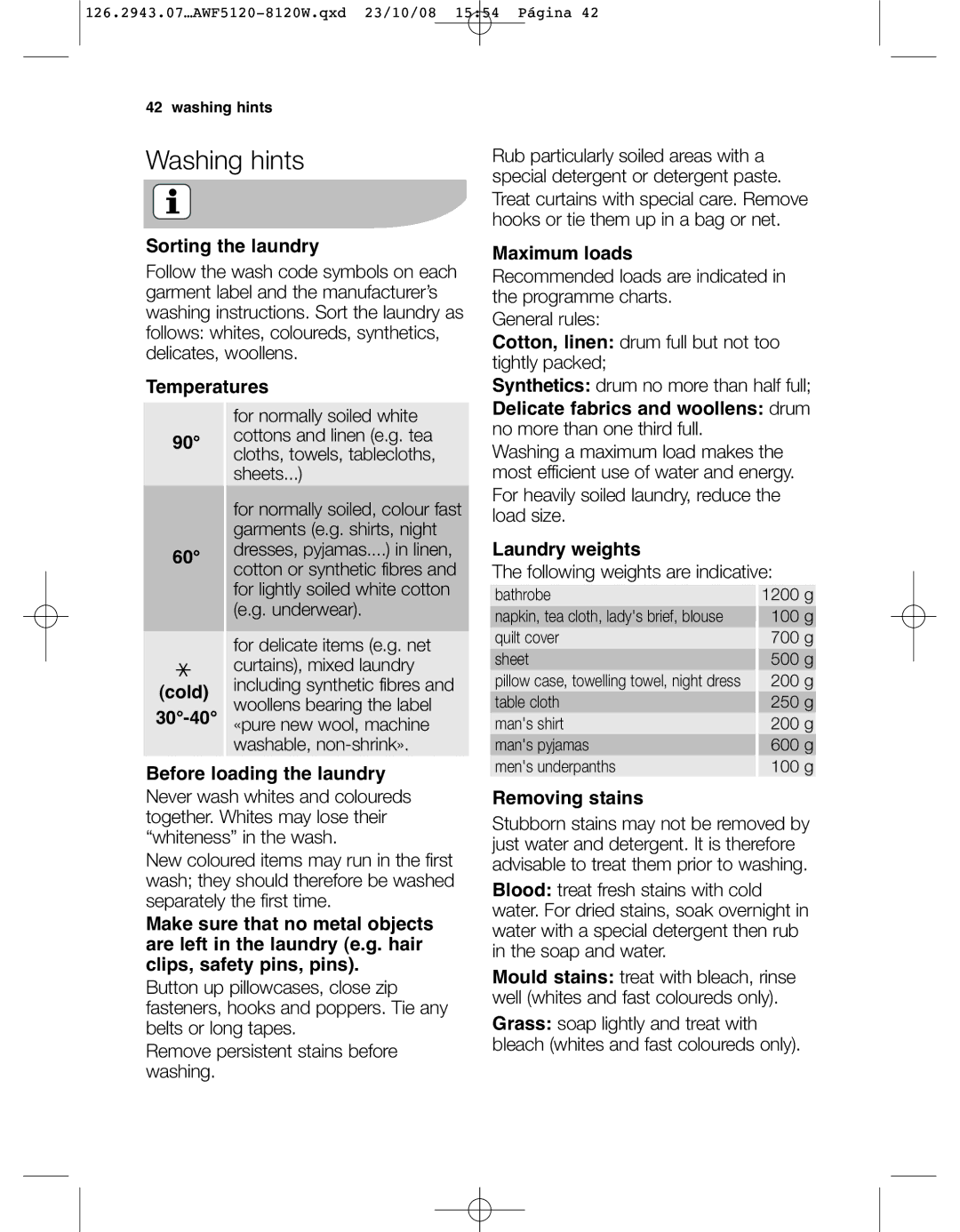 Electrolux AWF5120 W, AWF 8120 W user manual Washing hints 