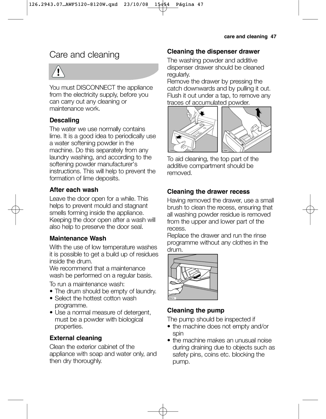 Electrolux AWF 8120 W, AWF5120 W user manual Care and cleaning 