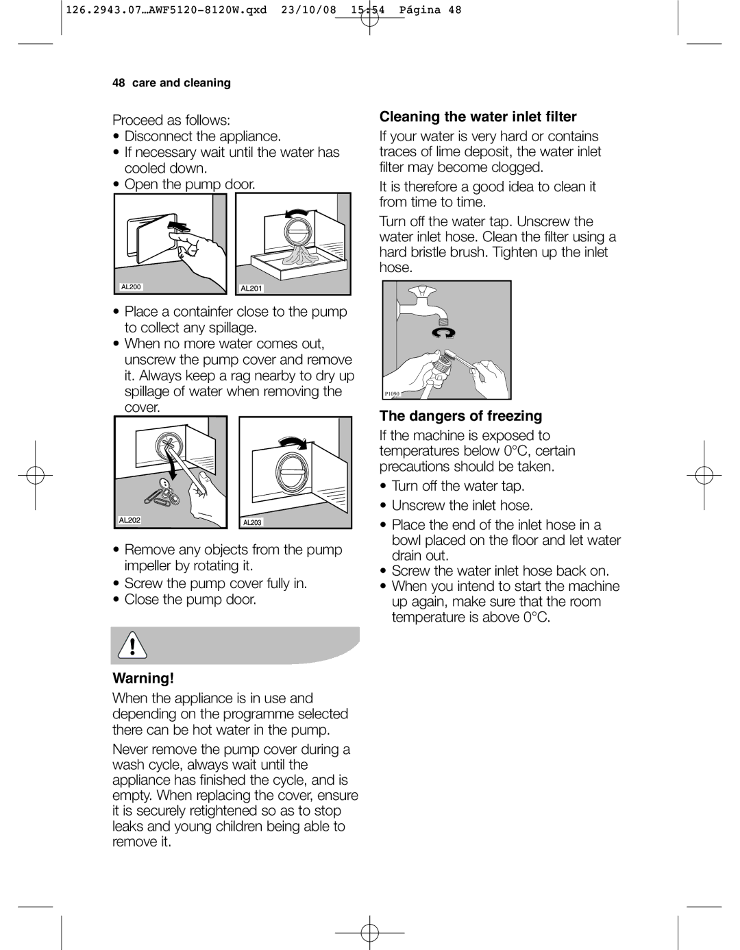 Electrolux AWF5120 W, AWF 8120 W user manual Cleaning the water inlet filter 