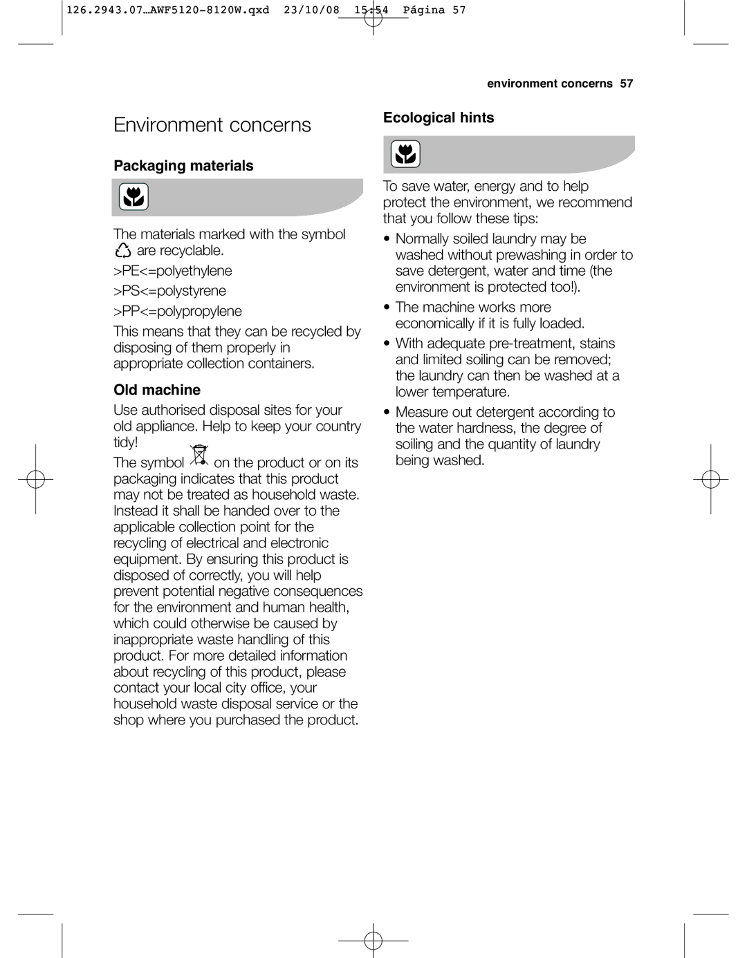 Electrolux AWF 8120 W, AWF5120 W user manual Environment concerns, Packaging materials, Old machine, Ecological hints 