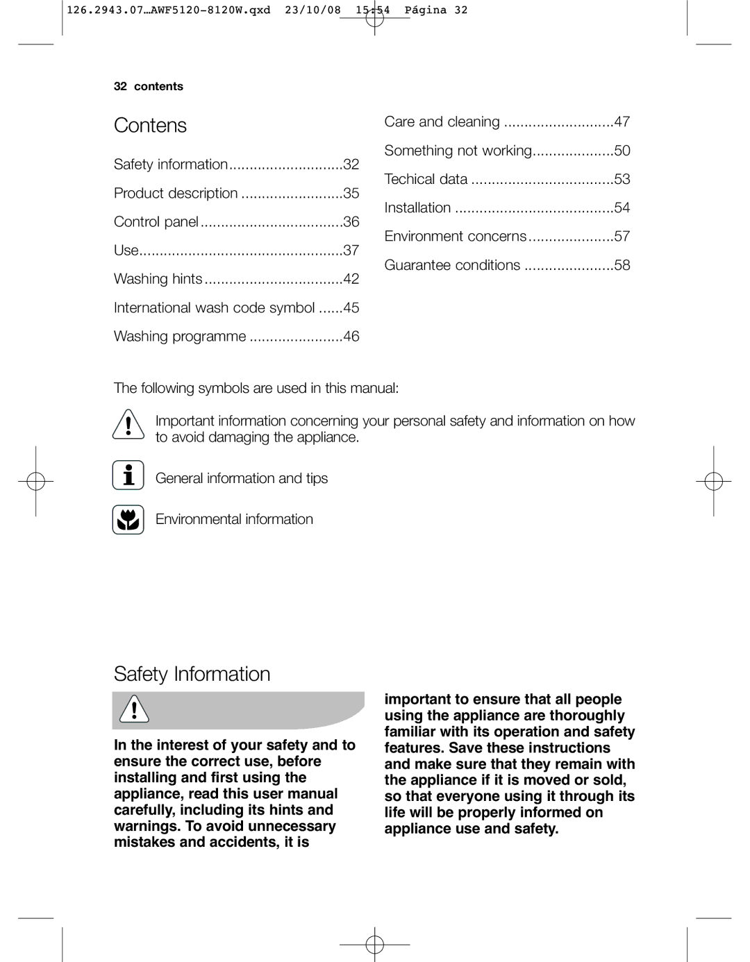 Electrolux AWF5120 W, AWF 8120 W user manual Contens, Safety Information 