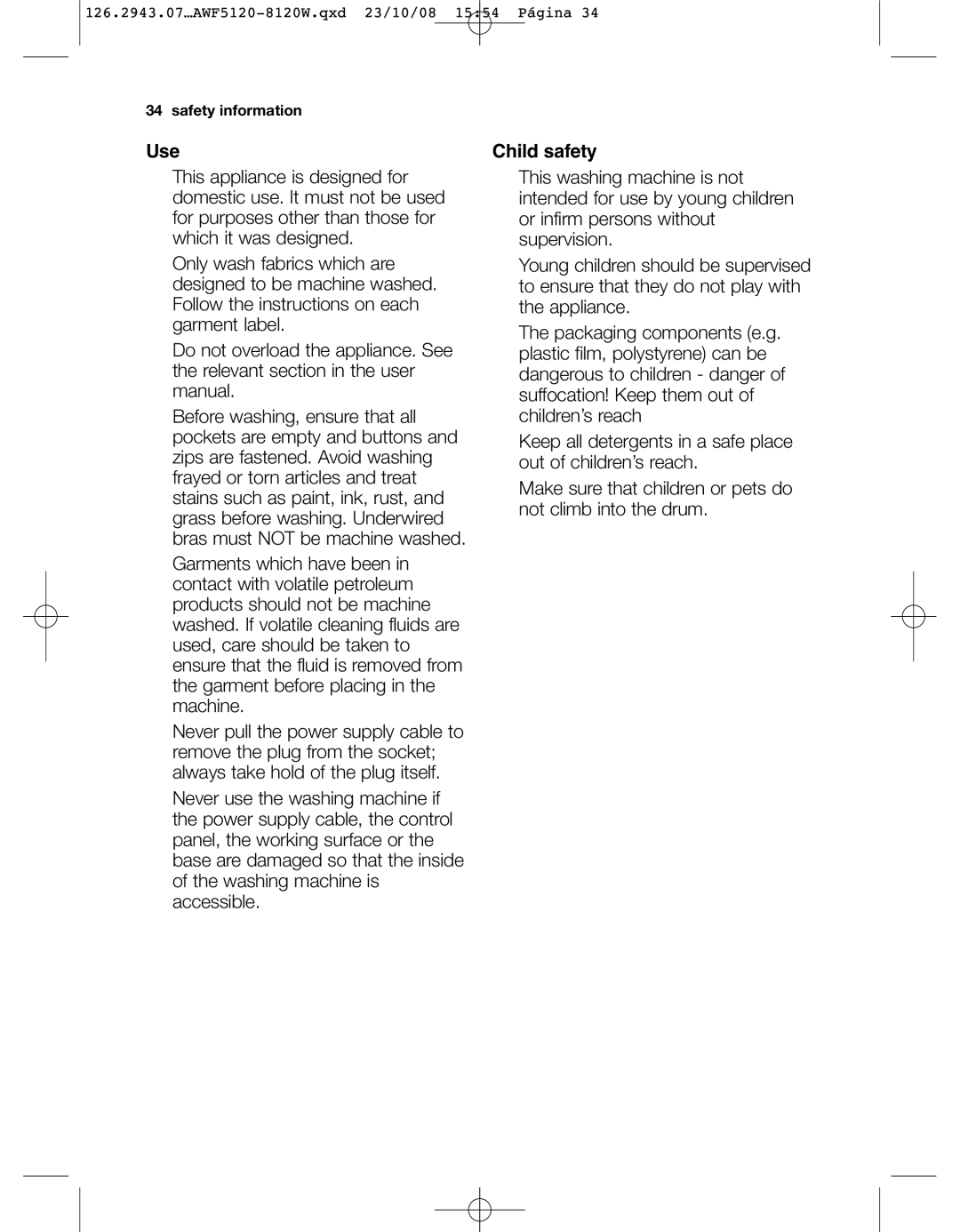 Electrolux AWF5120 W, AWF 8120 W user manual Use, Child safety 