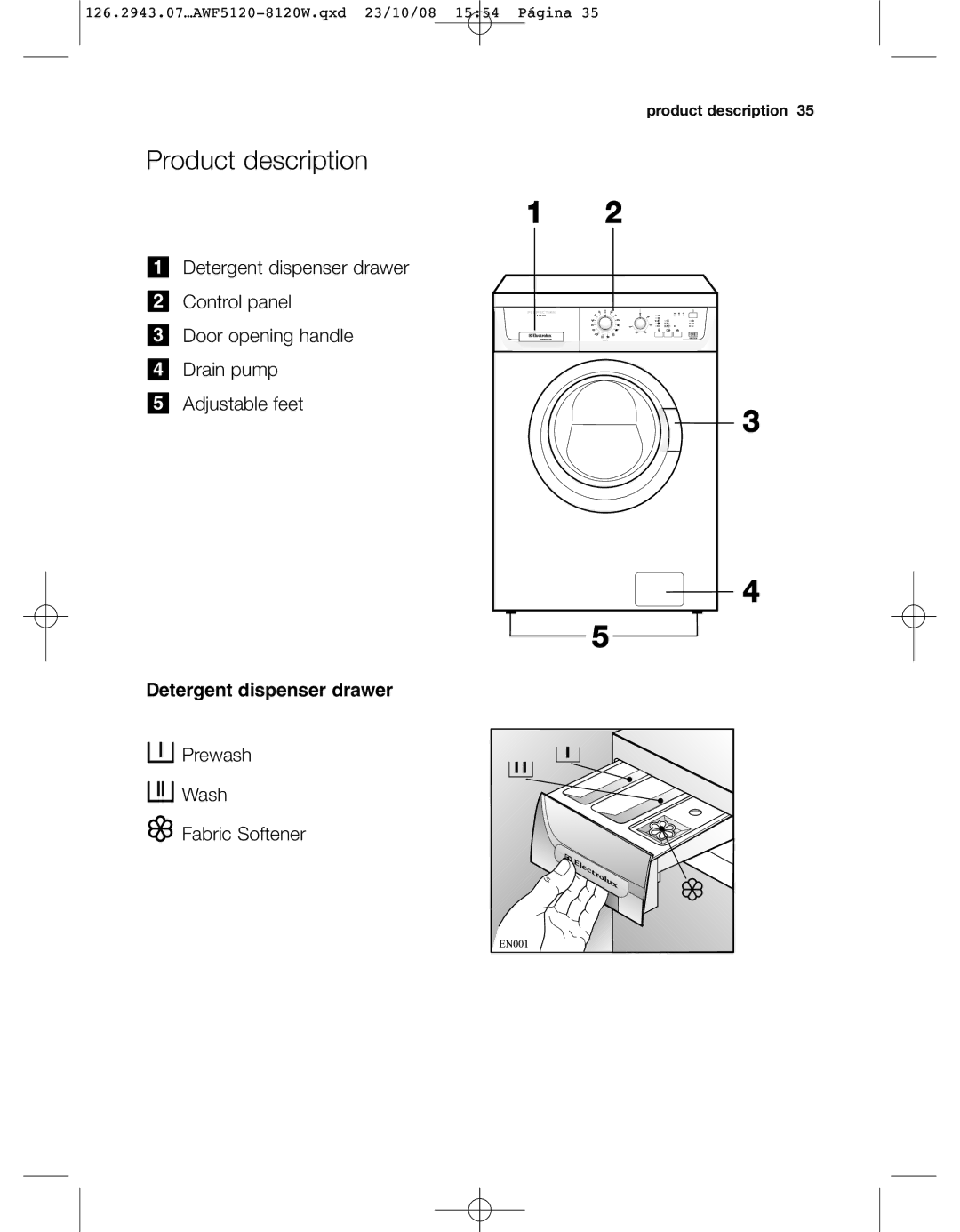 Electrolux AWF 8120 W, AWF5120 W user manual Product description, Detergent dispenser drawer 