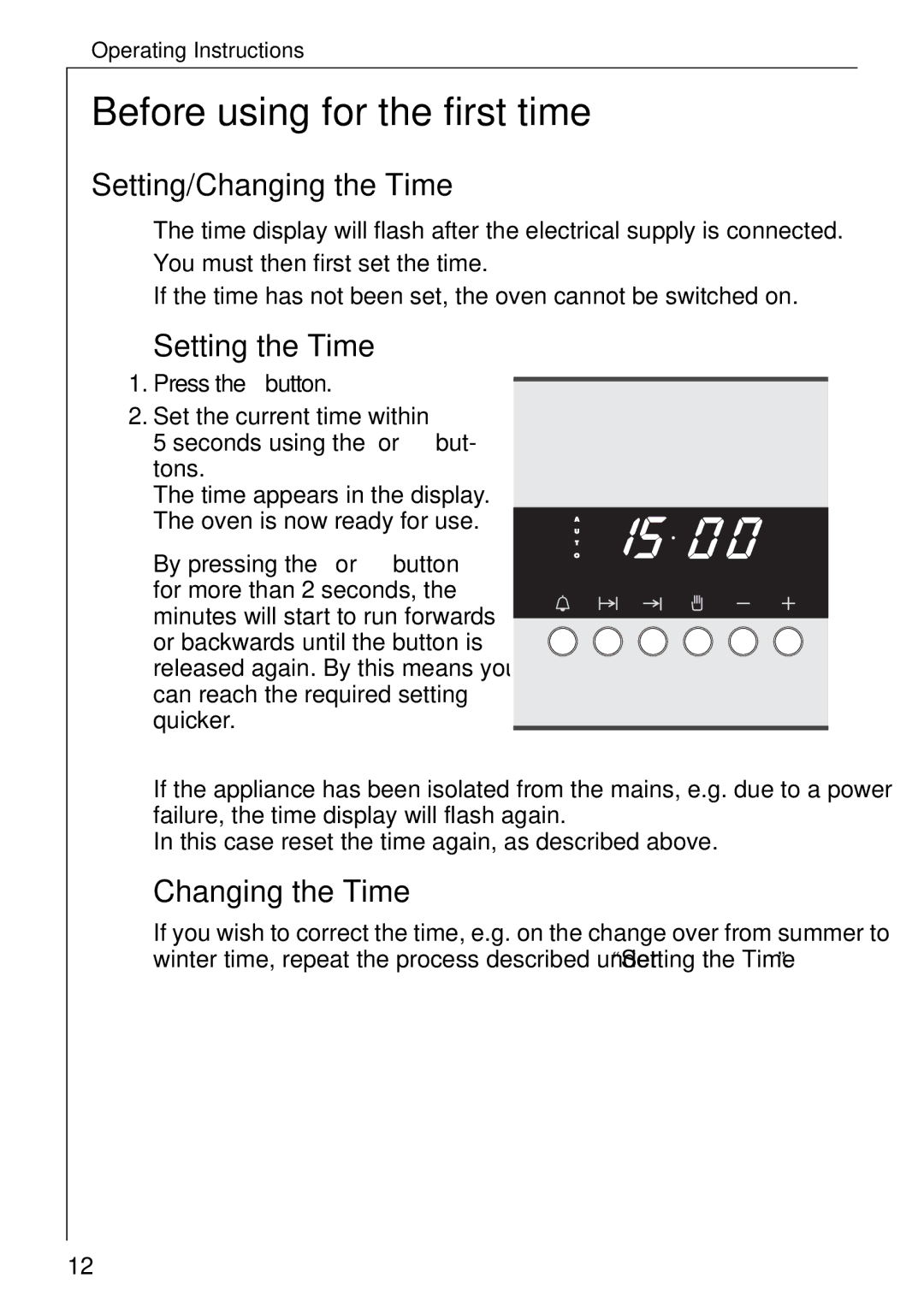 Electrolux B 2190 manual Before using for the first time, Setting/Changing the Time, Setting the Time 