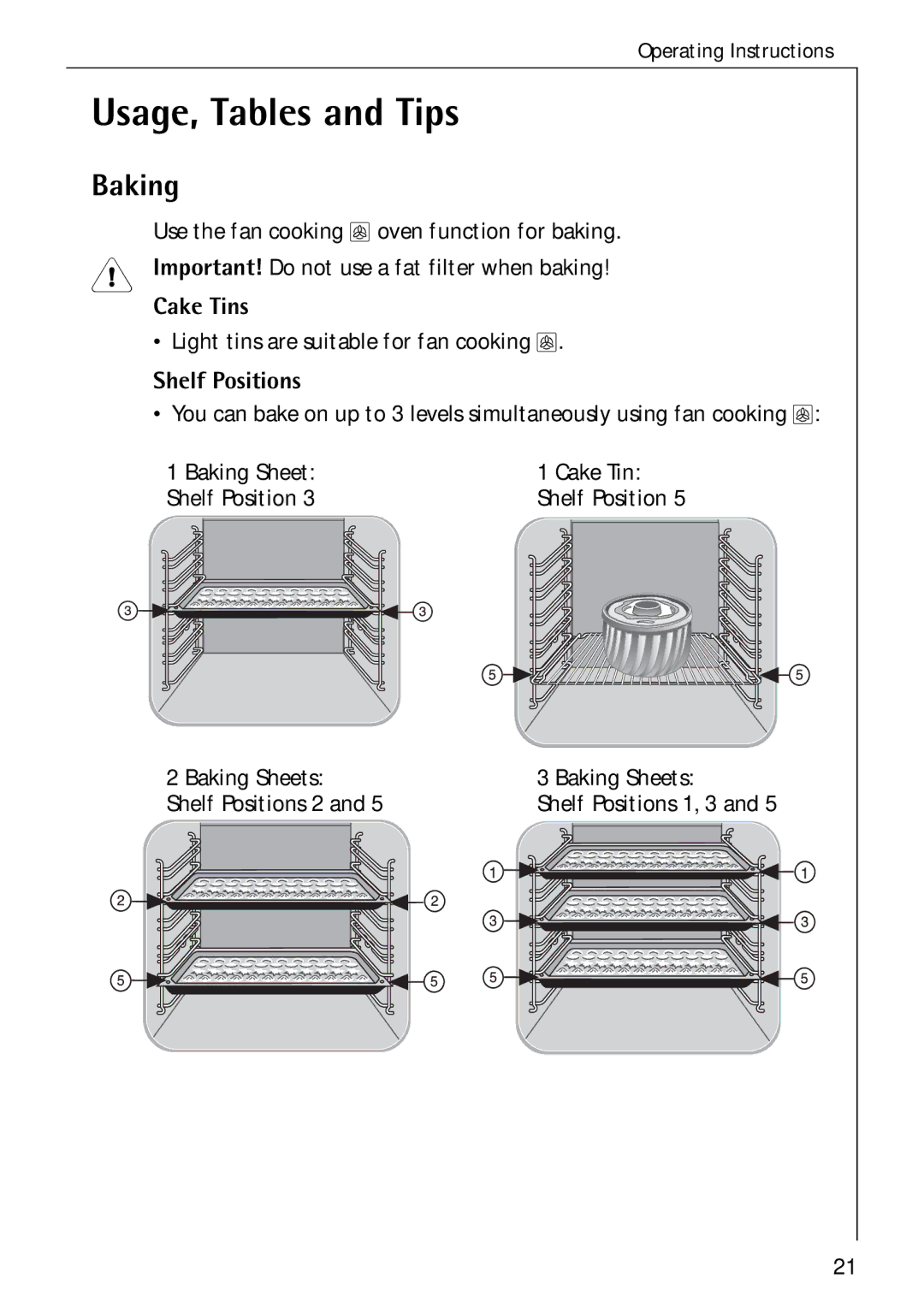 Electrolux B 2190 manual Usage, Tables and Tips, Baking, Cake Tins 