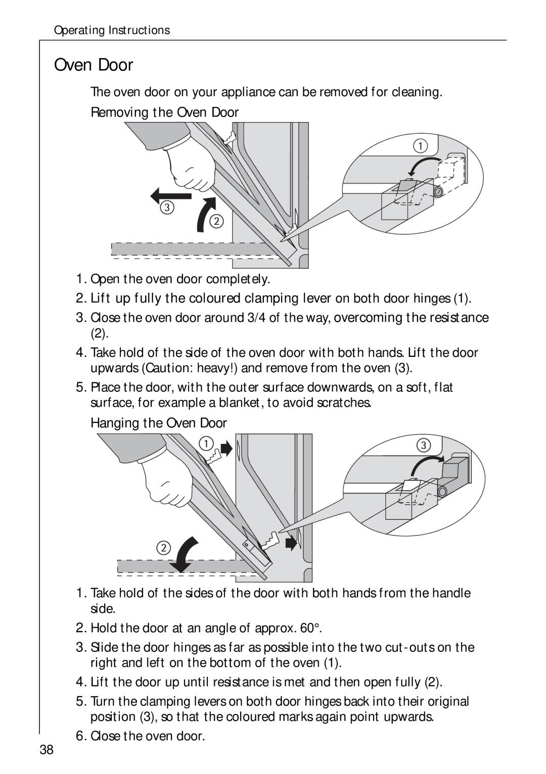 Electrolux B 2190 manual Removing the Oven Door, Hanging the Oven Door 