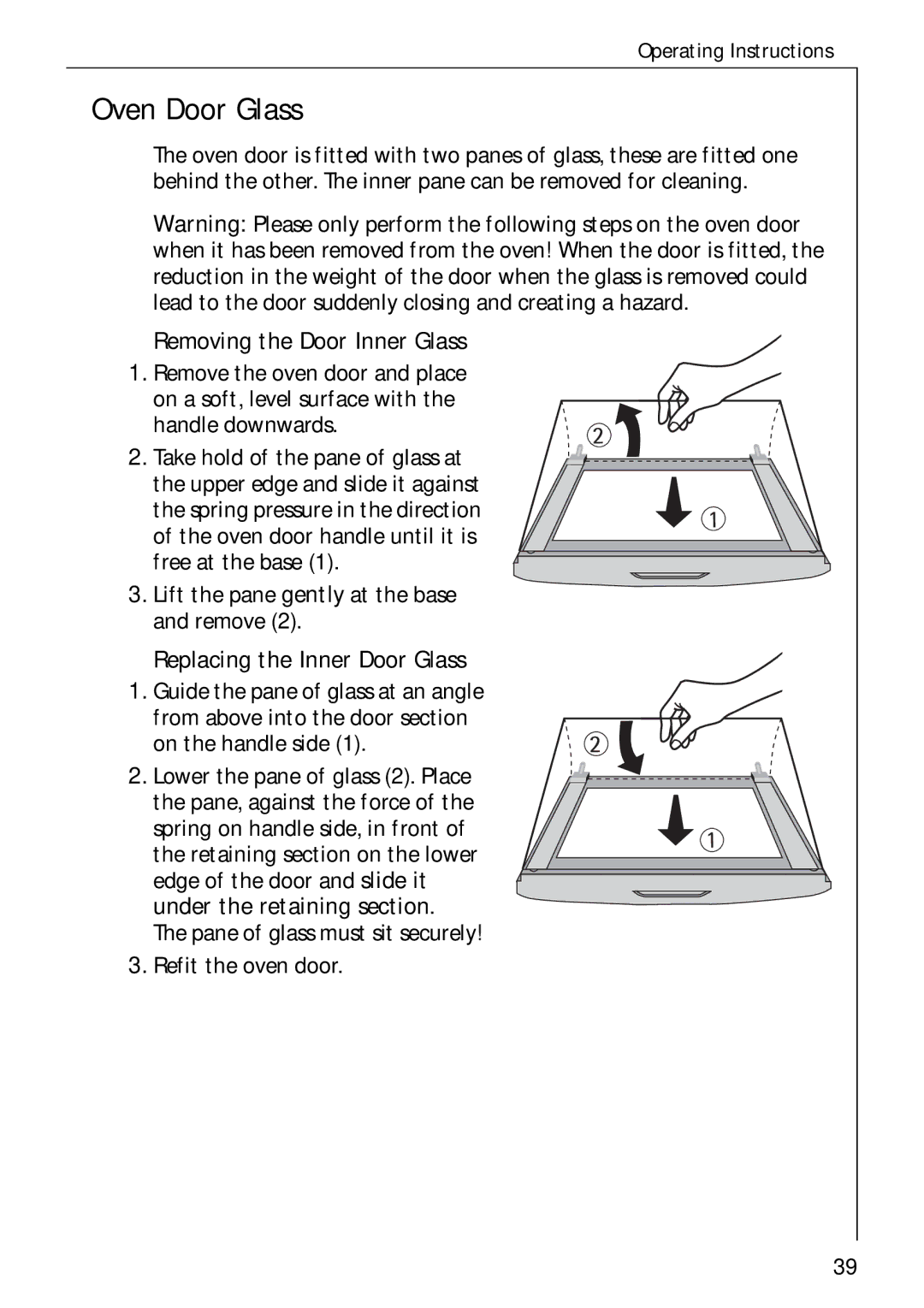 Electrolux B 2190 manual Oven Door Glass, Removing the Door Inner Glass, Replacing the Inner Door Glass 