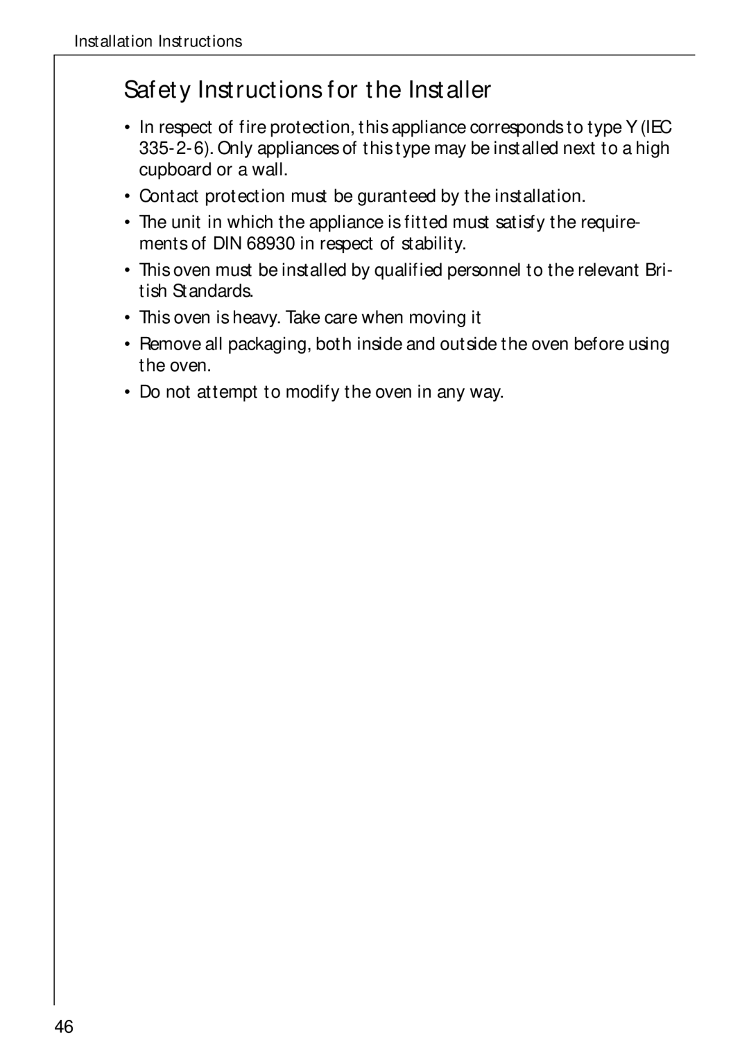 Electrolux B 2190 manual Safety Instructions for the Installer 