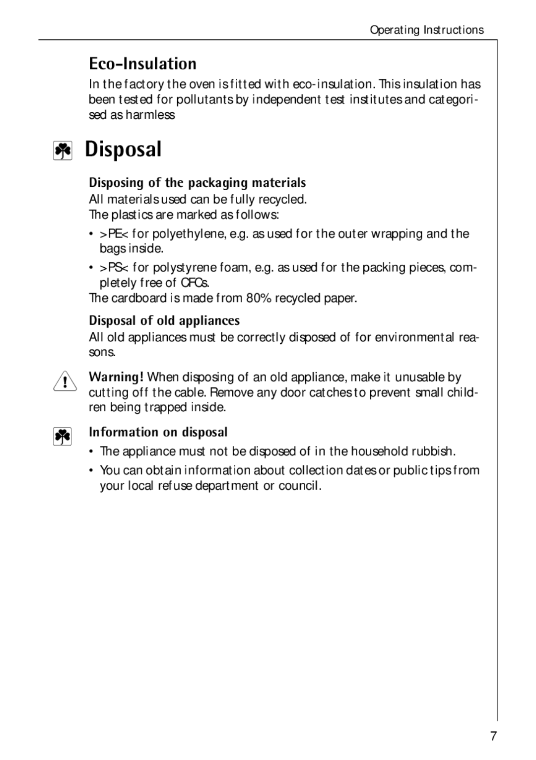 Electrolux B 2190 manual Eco-Insulation, Disposing of the packaging materials, Disposal of old appliances 