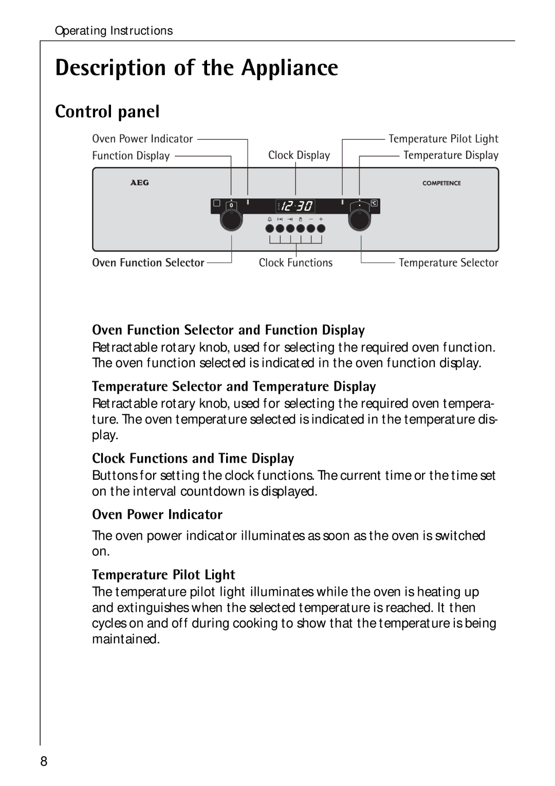 Electrolux B 2190 manual Description of the Appliance, Control panel 