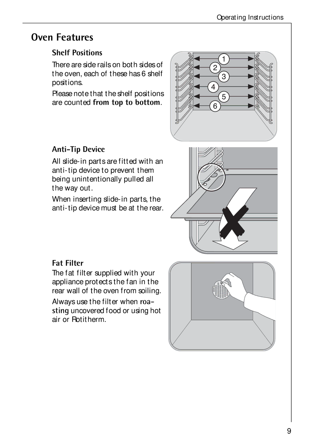 Electrolux B 2190 manual Oven Features, Shelf Positions, Anti-Tip Device, Fat Filter 