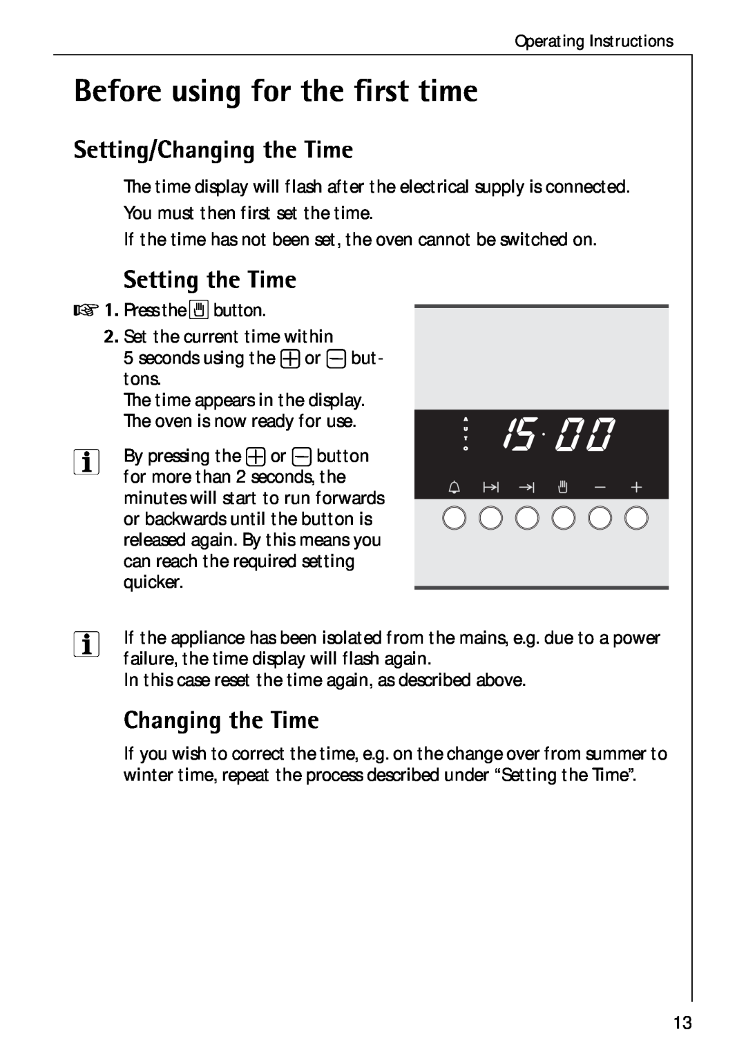 Electrolux B 4100 manual Before using for the first time, Setting/Changing the Time, Setting the Time 