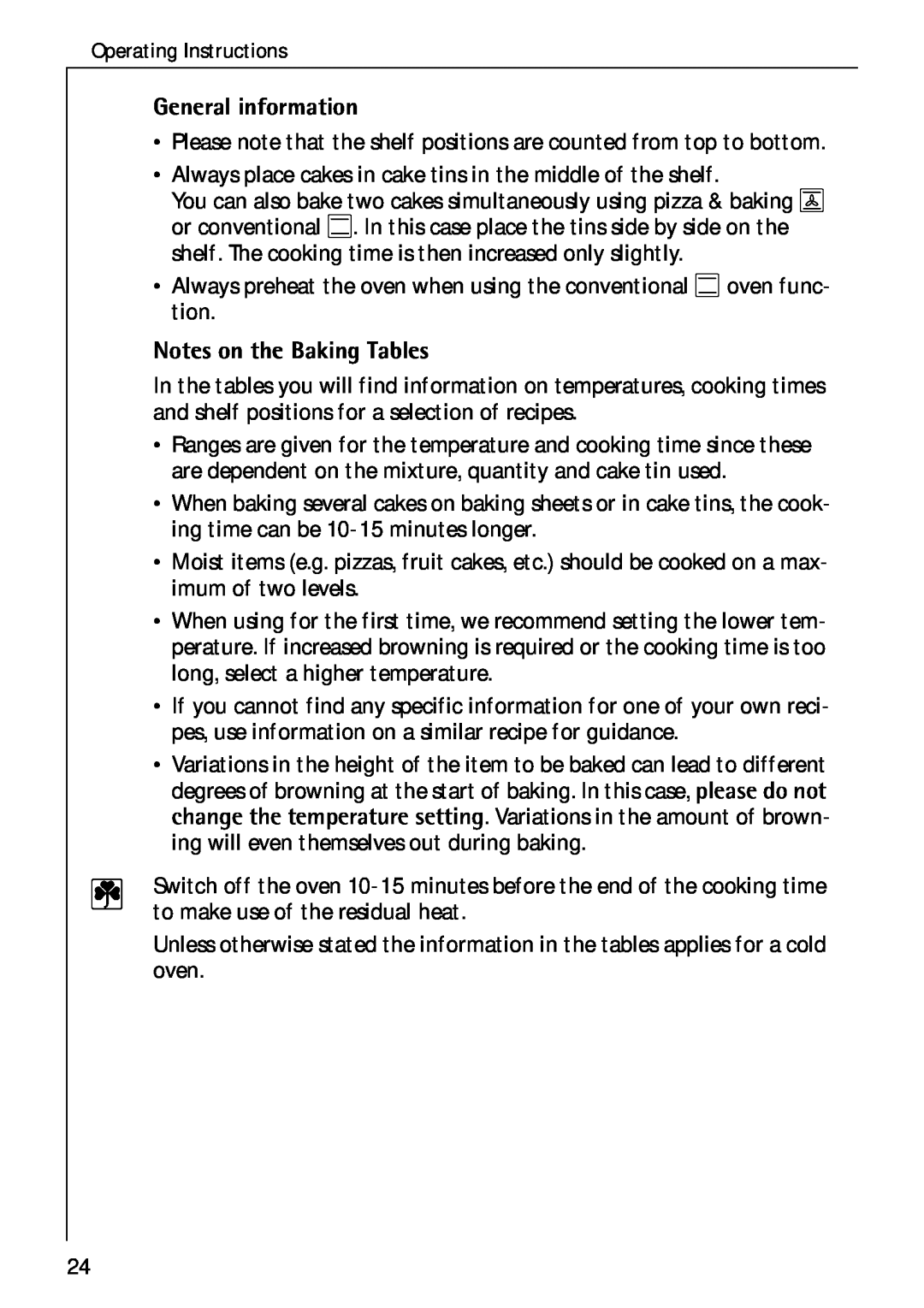 Electrolux B 4100 manual General information, Notes on the Baking Tables 