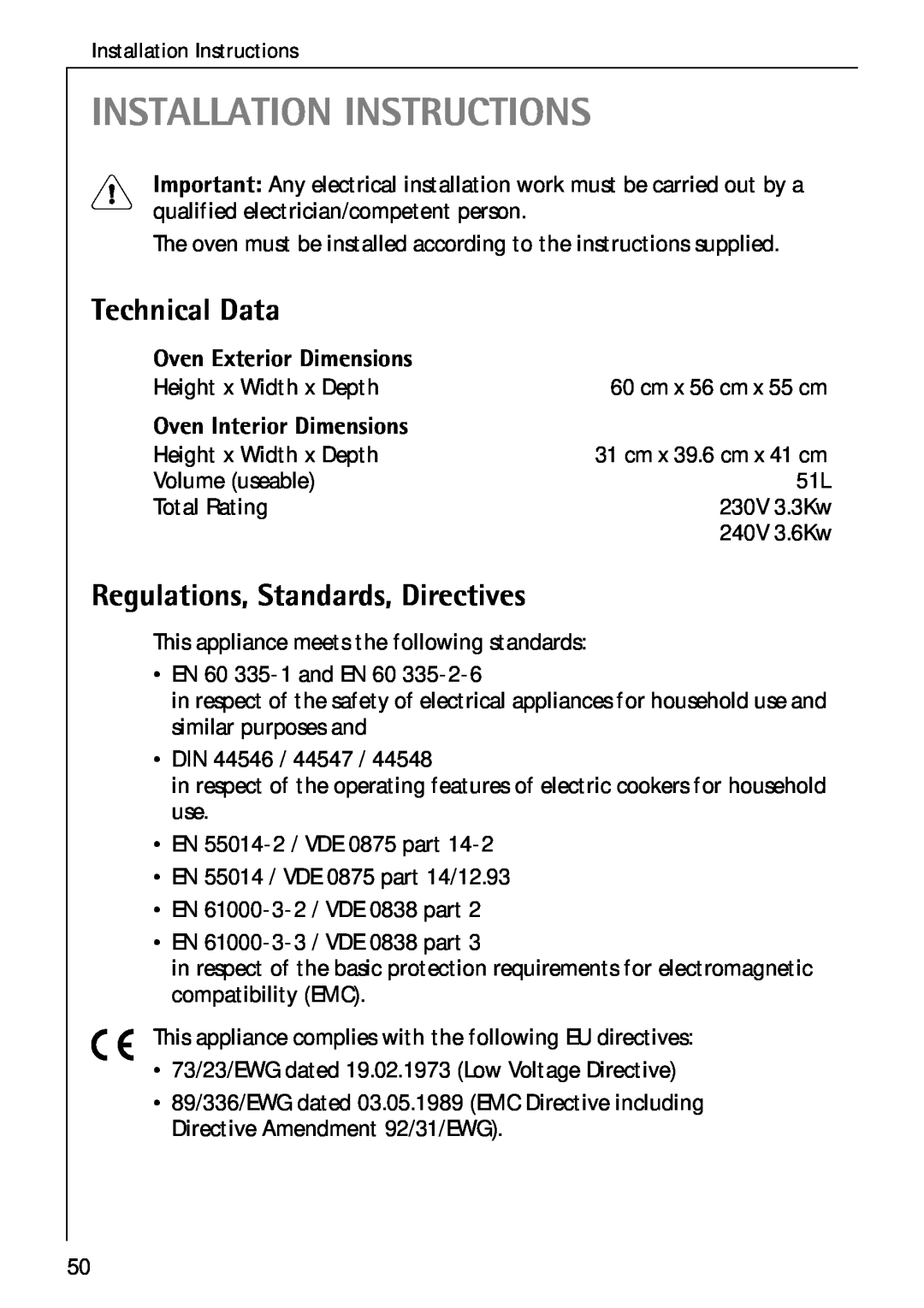 Electrolux B 4100 Installation Instructions, Technical Data, Regulations, Standards, Directives, Oven Exterior Dimensions 