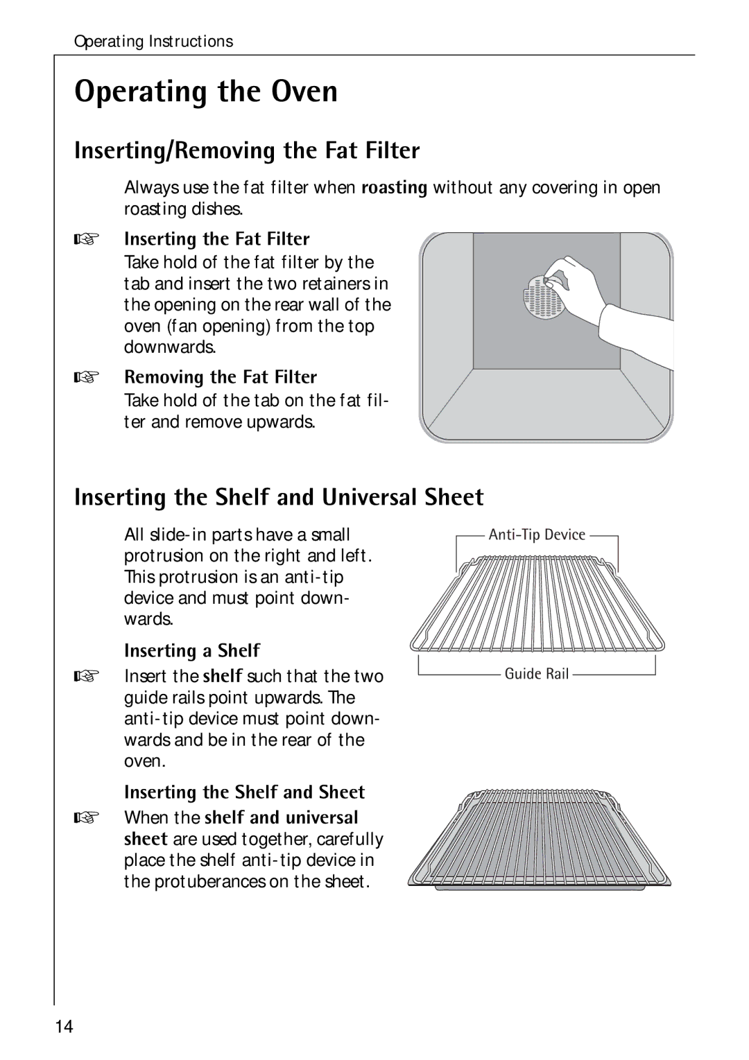 Electrolux B 4140 manual Operating the Oven, Inserting/Removing the Fat Filter, Inserting the Shelf and Universal Sheet 