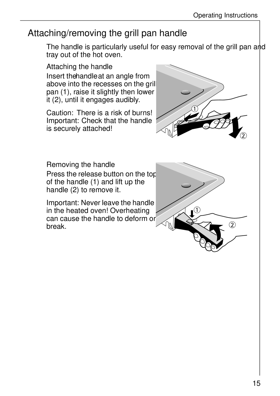 Electrolux B 4140 manual Attaching/removing the grill pan handle, Attaching the handle, Removing the handle 