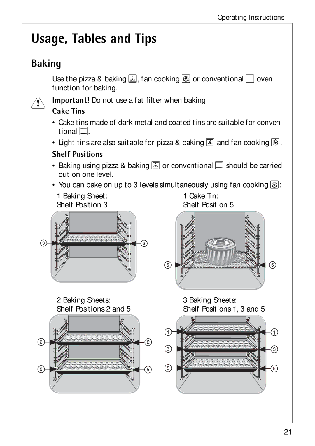 Electrolux B 4140 manual Usage, Tables and Tips, Baking, Cake Tins 