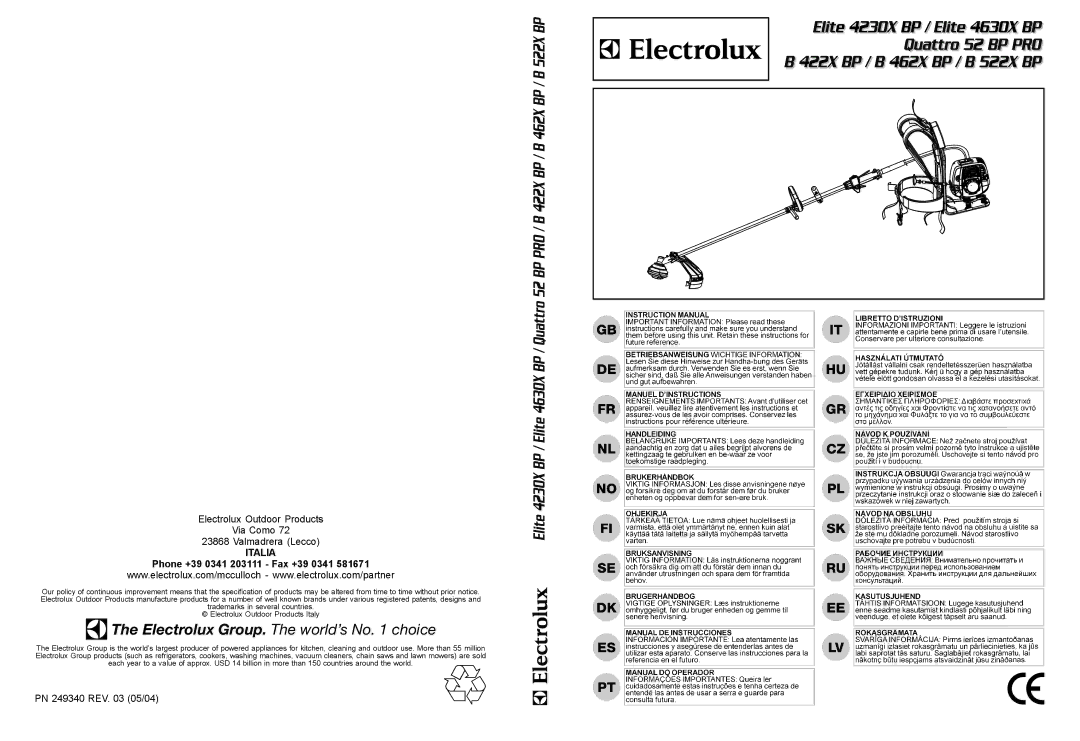 Electrolux B 522X BP, B 422X BP, B 462X BP manual Italia, Phone +39 0341 203111 Fax +39 0341 