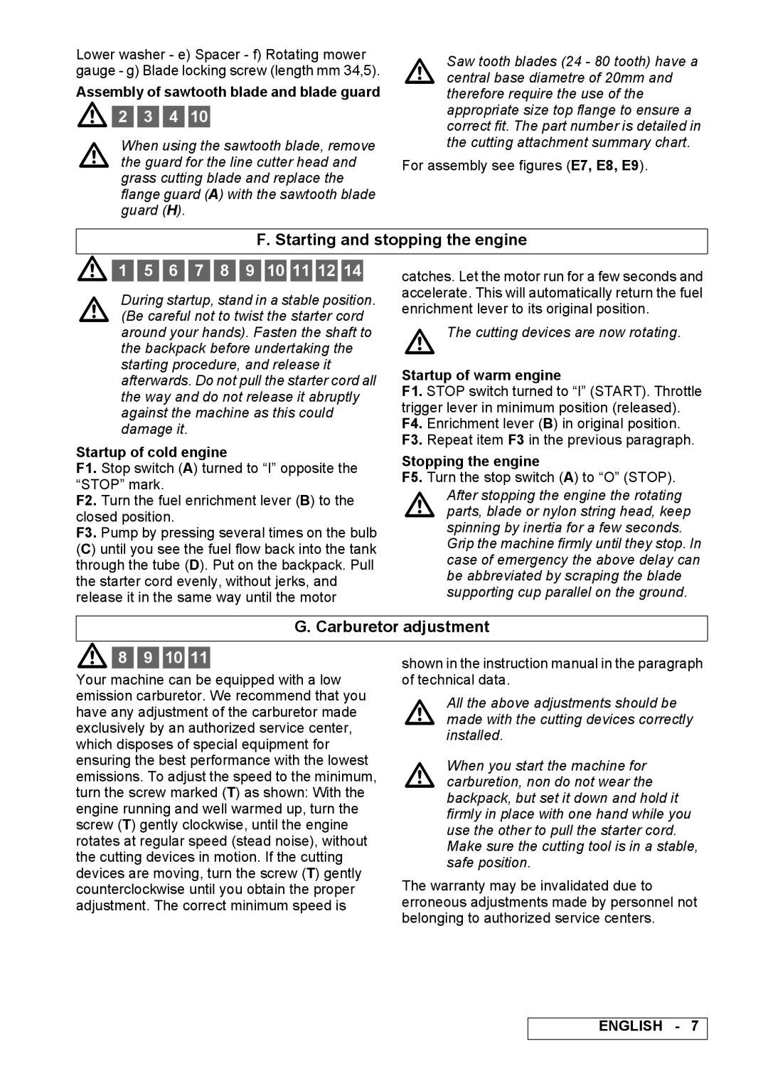 Electrolux B 522X BP, B 422X BP, B 462X BP manual Starting and stopping the engine, 6 7 8 9 10 11 12, Carburetor adjustment 