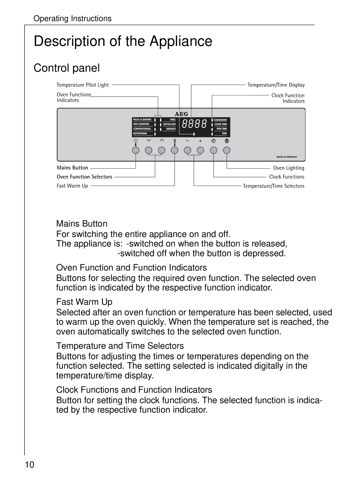 Electrolux B 81005 manual Description of the Appliance, Control panel 