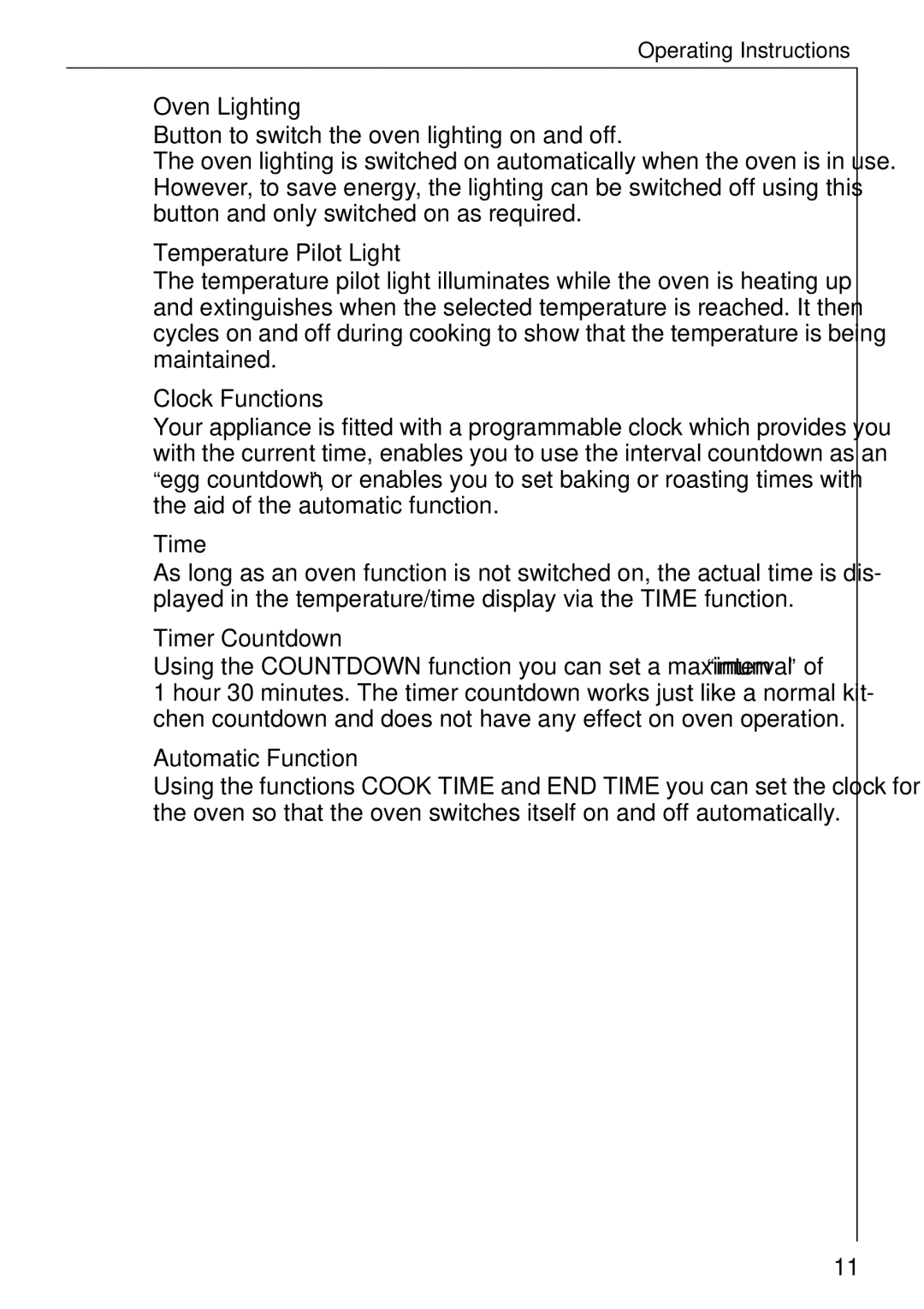 Electrolux B 81005 manual Oven Lighting, Temperature Pilot Light, Clock Functions, Timer Countdown, Automatic Function 